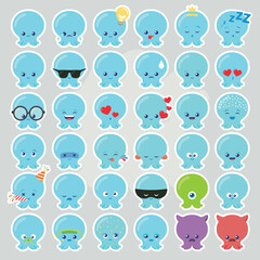 Obraz premium Set of 36 cute blue octopus character stickers with various facial expressions, emotions, and accessories on a gray background