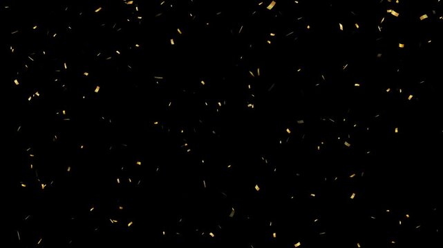 Gold festive confetti explosions fall on a black and green background.
golden confetti explosion black background 3d animation. gold confetti slow motion overlay. Alpha animation. Slow motion.