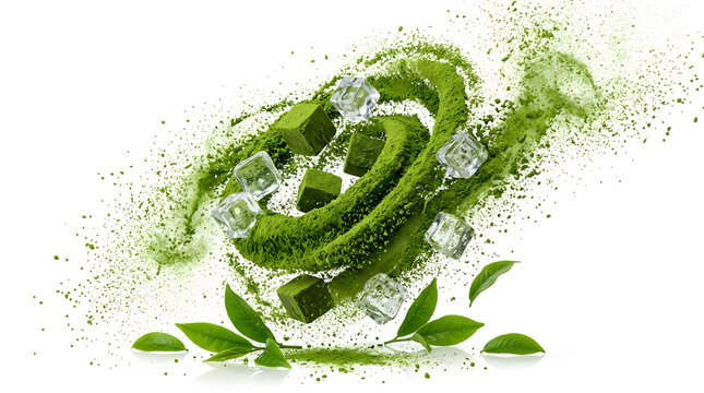 Swirling matcha powder forms dynamic ribbons intertwined with floating ice cubes and green tea leaves.