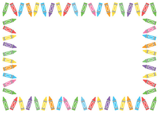 Colorful Crayon Border Frame on White Background, Cute Back to School Flat Vector Illustration