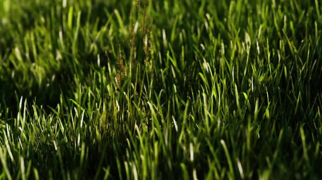 Bright green grass covers the ground in a park. The sun shines down, creating shadows among the blades. Small plants dot the landscape, enhancing the natural setting.