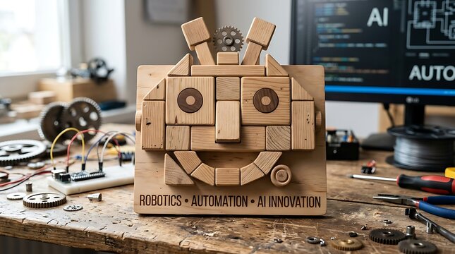 Wooden blocks forming robot face on workbench with tools and computer