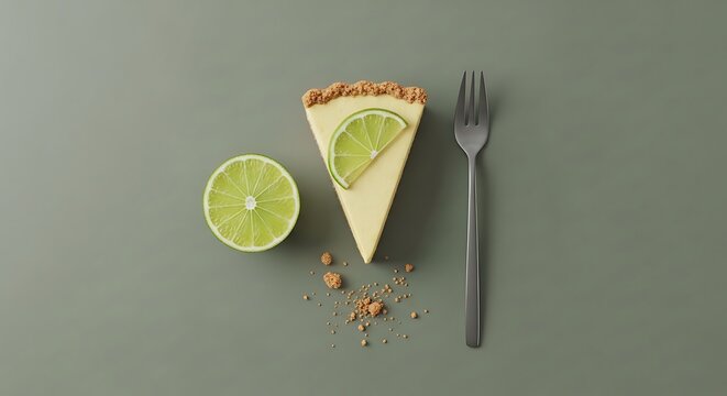 A single key lime pie slice plated on a minimal gray background with a slice of fresh lime and crumbs for a clean, professional food photography composition
