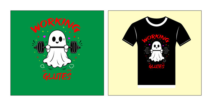 Funny ghost lifting weights with text working on my glutes on green cute cartoon