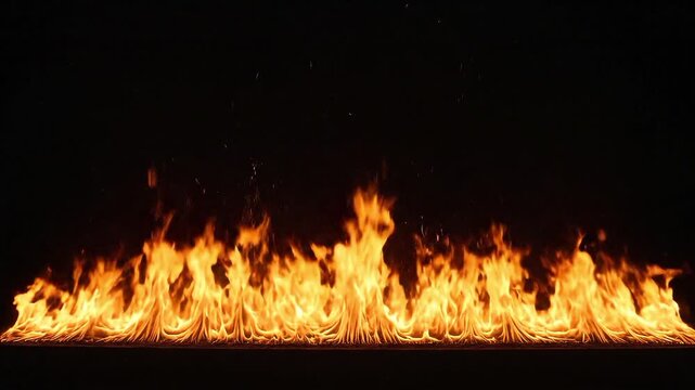 Bright orange flames burning in a horizontal line against a solid black background