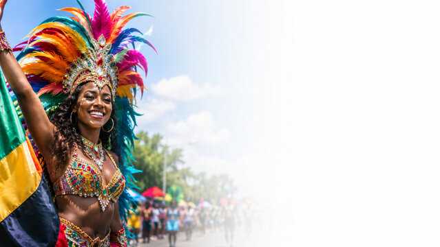 Beautiful smiling West Indian Day Parade in vibrant feather costume celebrating at a sunny outdoor carnival parade, close up portrait