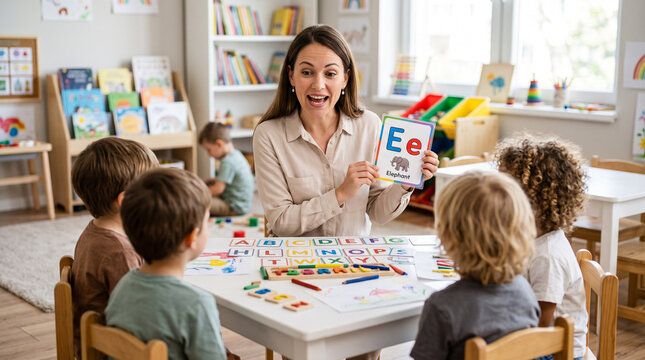 Preschool teacher teaching alphabet pronunciation with flashcards in a bright modern classroom.