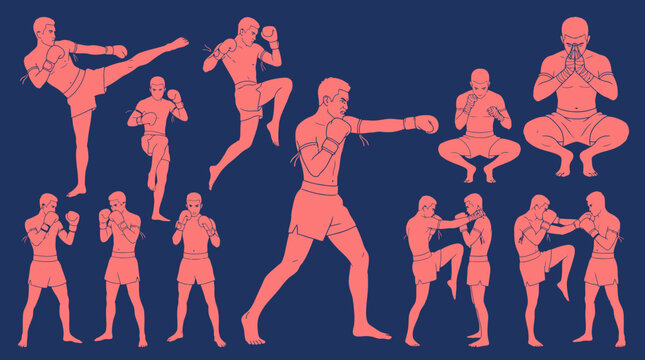 Muay Thai Kickboxing Fighter Poses Collection Illustration