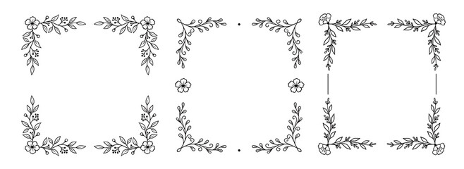 Obraz premium Border frame floral flower set. Hand drawn border frame floral flower invitation botanical design vine delicate. Wedding ornament ivy ribbon flourish elegant vintage decoration. Vector illustration