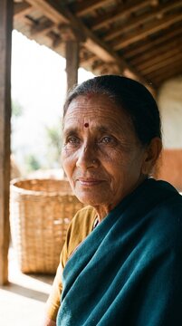 A contemplative elderly woman with a traditional bindi resting peacefully under a rustic wooden porch during a bright with captured soft natural light outdoors