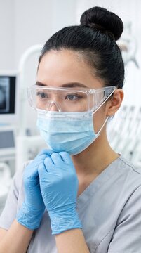 Focused female medical professional adjusting her protective face mask and safety goggles while working in a bright clinical environment with soft lighting