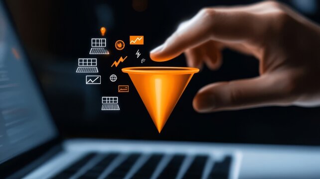 Digital marketing sales funnel strategy illustration with computer technology interface icons on screen.