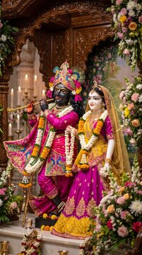 Ornate statues of traditional deities adorned with vibrant garlands and jewelry inside a beautifully decorated wooden temple shrine for devotional worship