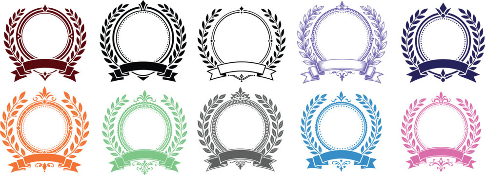 Collection of vintage engraved blank frames, ribbon banners, leaf wreaths, and woodcut shield badges. Elegant retro borders for logos and invitations