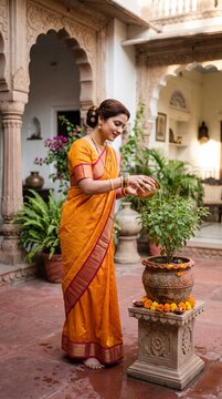 A graceful woman in traditional yellow attire performs a peaceful ritual by watering a sacred plant in a beautifully decorated stone courtyard setting