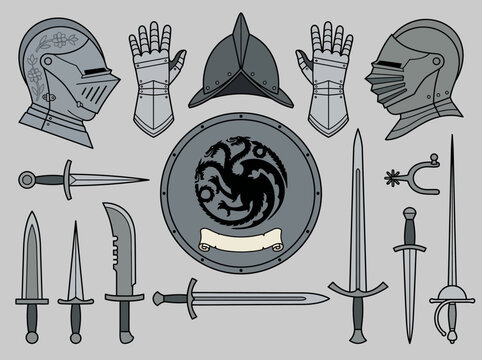 Medieval Knight Armor and Weapons Vector Set - Swords, Helmets, Gauntlets, and Dragon Shield Illustration