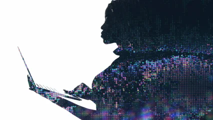 Digital network. AI silhouette. Double exposure neon light pixel glitch profile outline of woman using laptop isolated on white empty space. © golubovy
