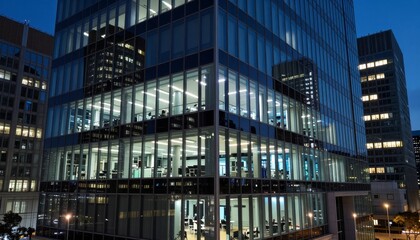 Obraz premium Modern Office Skyscrapers Illuminated at Night