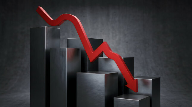 Red arrow sharply falling over stacked gray blocks. Downward trend indicator on bar chart elements. Financial decline concept for business reports.