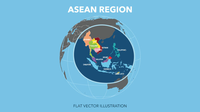 Flat Vector Illustration ASEAN Region Map Highlighted.
