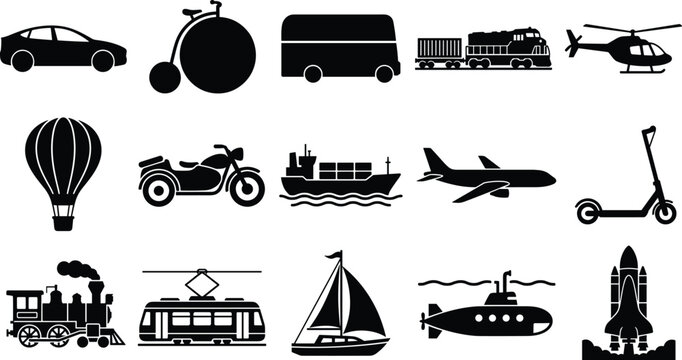 Transportation Vehicle Silhouette Icon Set with Land Air Sea and Space Transport