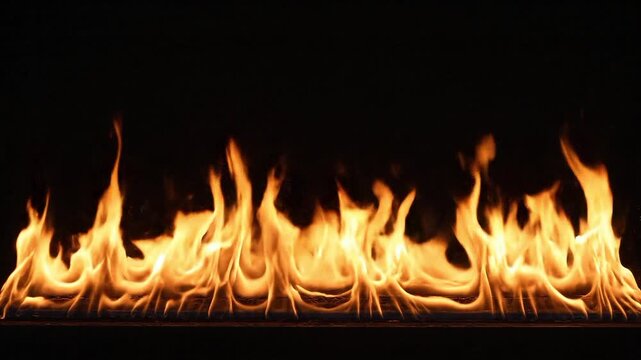 Natural fire flames rising from a horizontal surface on black background burning hot heat
