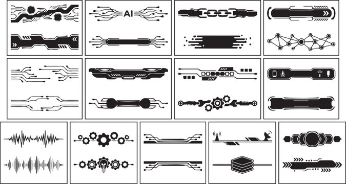 Futuristic AI technology interface border collection featuring cyber circuit dividers HUD frames digital panels and sci fi vector design elements