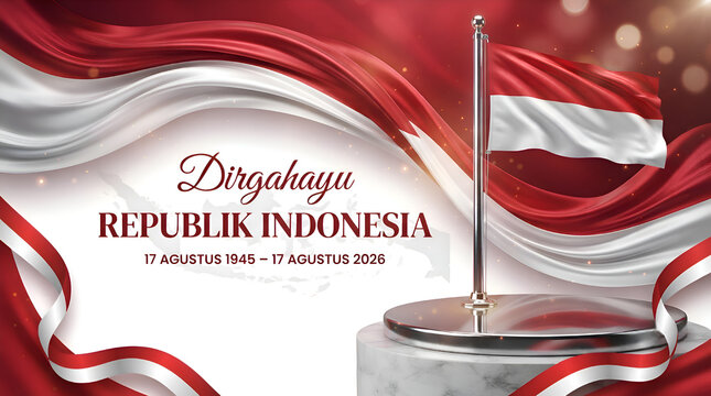 A faint Indonesia map is blended subtly into the red background behind luxurious typography reading "Dirgahayu", "REPUBLIK INDONESIA", and "17 AGUSTUS 1945 &ndash; 17 AGUSTUS 2026"