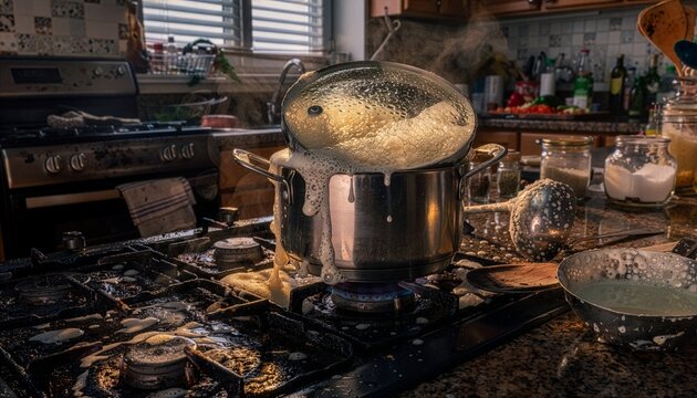 Cooking fail scene, pot overflowing and burnt residue on stove.