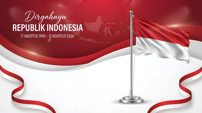 A faint Indonesia map is blended subtly into the red background behind luxurious typography reading "Dirgahayu", "REPUBLIK INDONESIA", and "17 AGUSTUS 1945 &ndash; 17 AGUSTUS 2026"