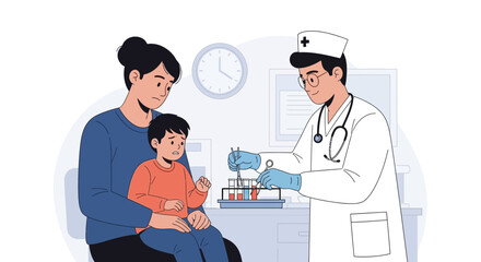 Obraz premium Doctor performs medical test on child with mother present, clinic setting