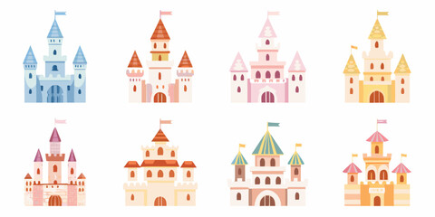 Colorful castle illustrations arranged in two rows on a white background © Uttam