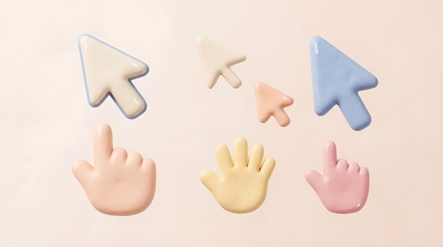 Colorful cursor and hand icons on pastel background