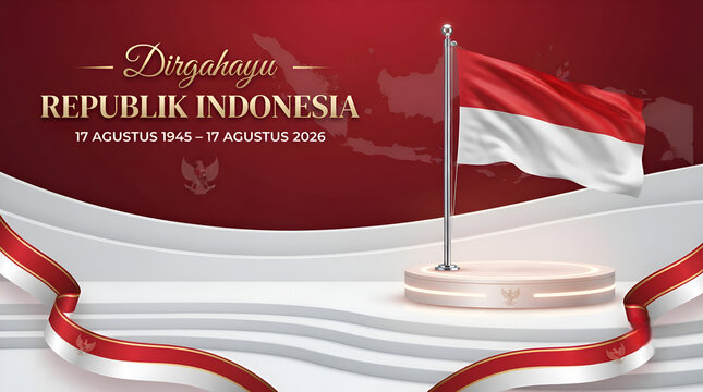A faint Indonesia map is blended subtly into the red background behind luxurious typography reading "Dirgahayu", "REPUBLIK INDONESIA", and "17 AGUSTUS 1945 &ndash; 17 AGUSTUS 2026"