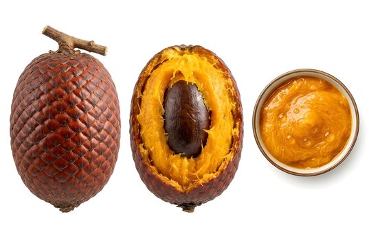 Three Ripening Stages of Rare Amazon Aguaje Fruit &ndash; Unripe Green to Red Ripe Isolated on White for Exotic Superfood, Rainforest Botany & Tropical Stock Photography