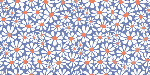 Daisy floral pattern with white petals and orange centers blue background © Uttam