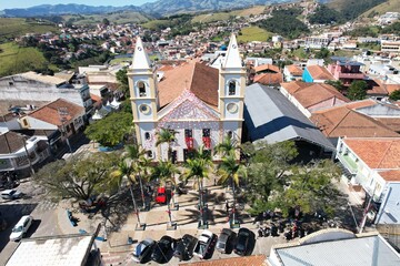 Fototapeta premium Drone aerial view of Nossa Senhora da Conceicao Church and historic downtown Cunha Sao Paulo Brazil