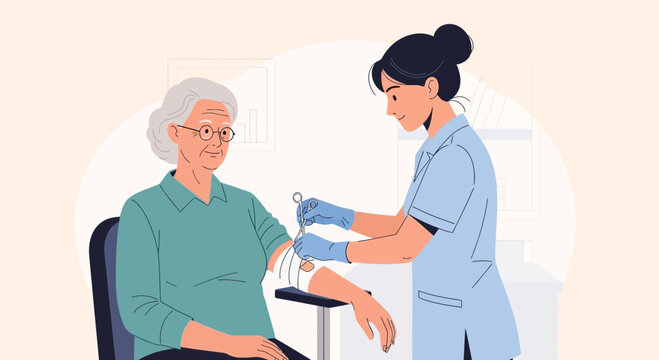 Nurse Giving Injection to Elderly Woman, Senior Healthcare, Medical Treatment Illustration