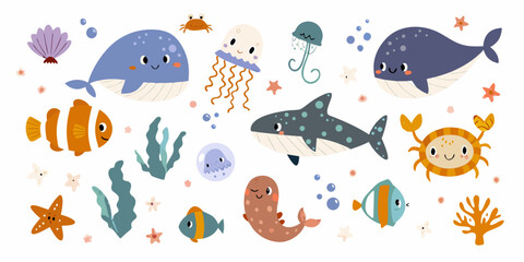 Cartoon style sea creatures and marine life on a white background © Uttam