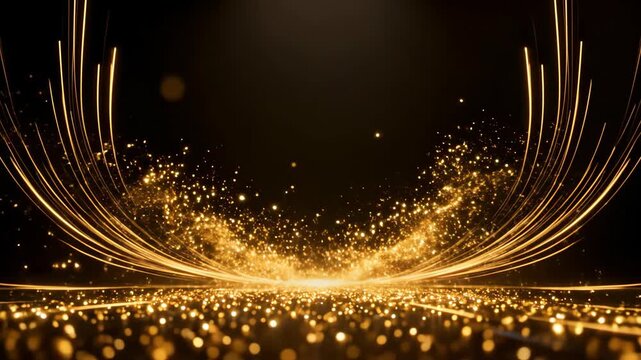 Futuristic abstract data flow with glowing golden fiber optic lines and sparkling particles on dark background for digital network concept
