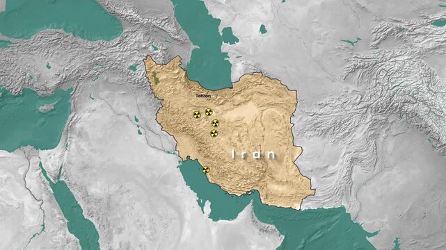 Animated map clip showing nuclear sites across Iran in motion