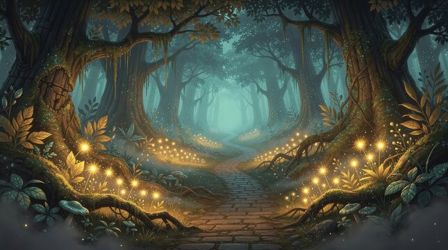 A mystical forest path glowing with magical lights, surrounded by towering trees and dense foliage under a misty, twilight sky.