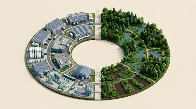 Circular economy landscape concept showing harmonious balance between industrial infrastructure and natural ecosystem in continuous loop