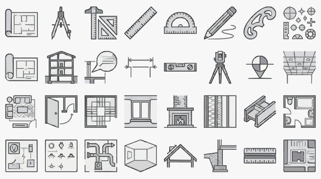 Clean Minimalist Black and White Icons Set of Architectural and Engineering Tools Symbols and Building Elements