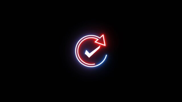 Checkmark inside circle with circular arrow, progress done, repeat done neon.