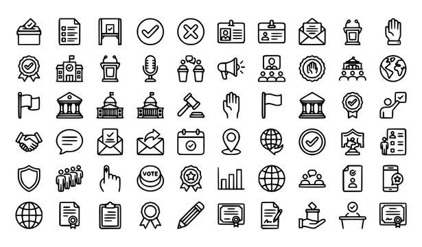 Voting and election outline icon set simple line vector collection for democracy ballot campaign and civic web design isolated on white background