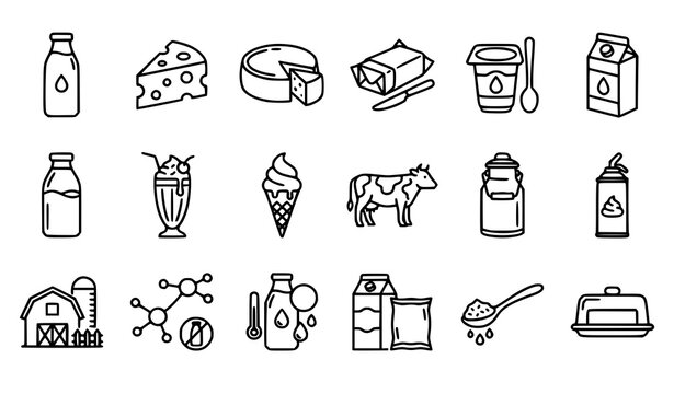Dairy Food and Milk Outline Icons Thin Line Vector Set