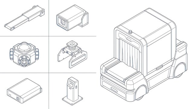 Isometric security equipment set featuring airport x ray scanner and surveillance camera line art icons