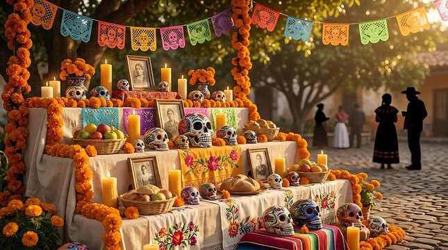 Day of the dead altar celebration with skulls and marigolds
