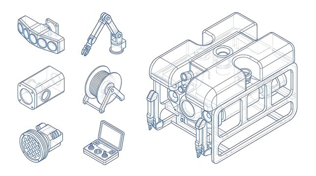 Underwater remote operated vehicle and robotic equipment isometric technical line art collection